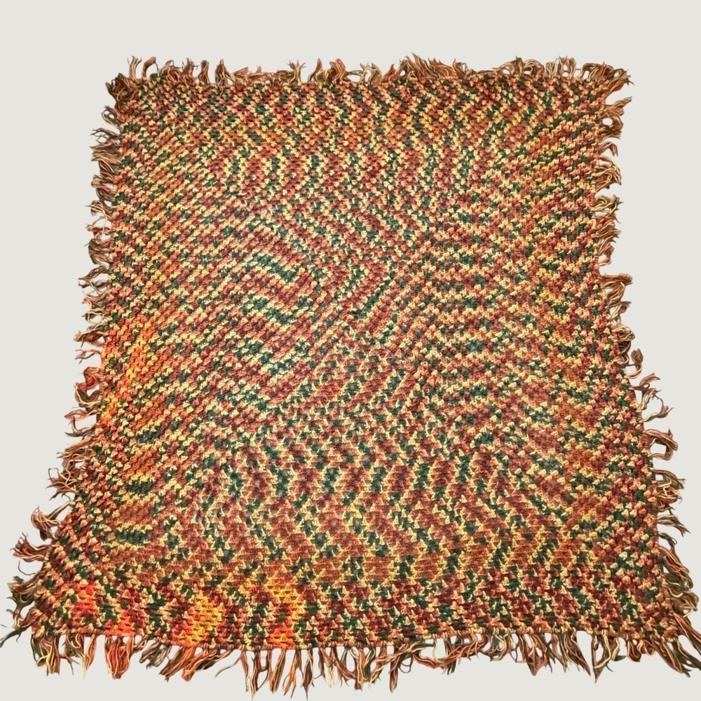 VTG Handmade Crochet Afghan Throw Cottagecore Blanket Autumn Rust Fringed 63x60